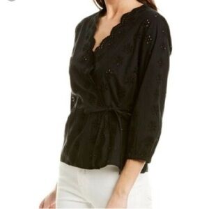 360- Madewell EUC Black Eyelet Wrap Around Top, Size XS. 100% Cotton.